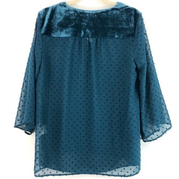 New Style & Co Velvet Eyelet Embroidered Swiss Dot Sheer Top Teal Size Medium - Picture 9 of 16